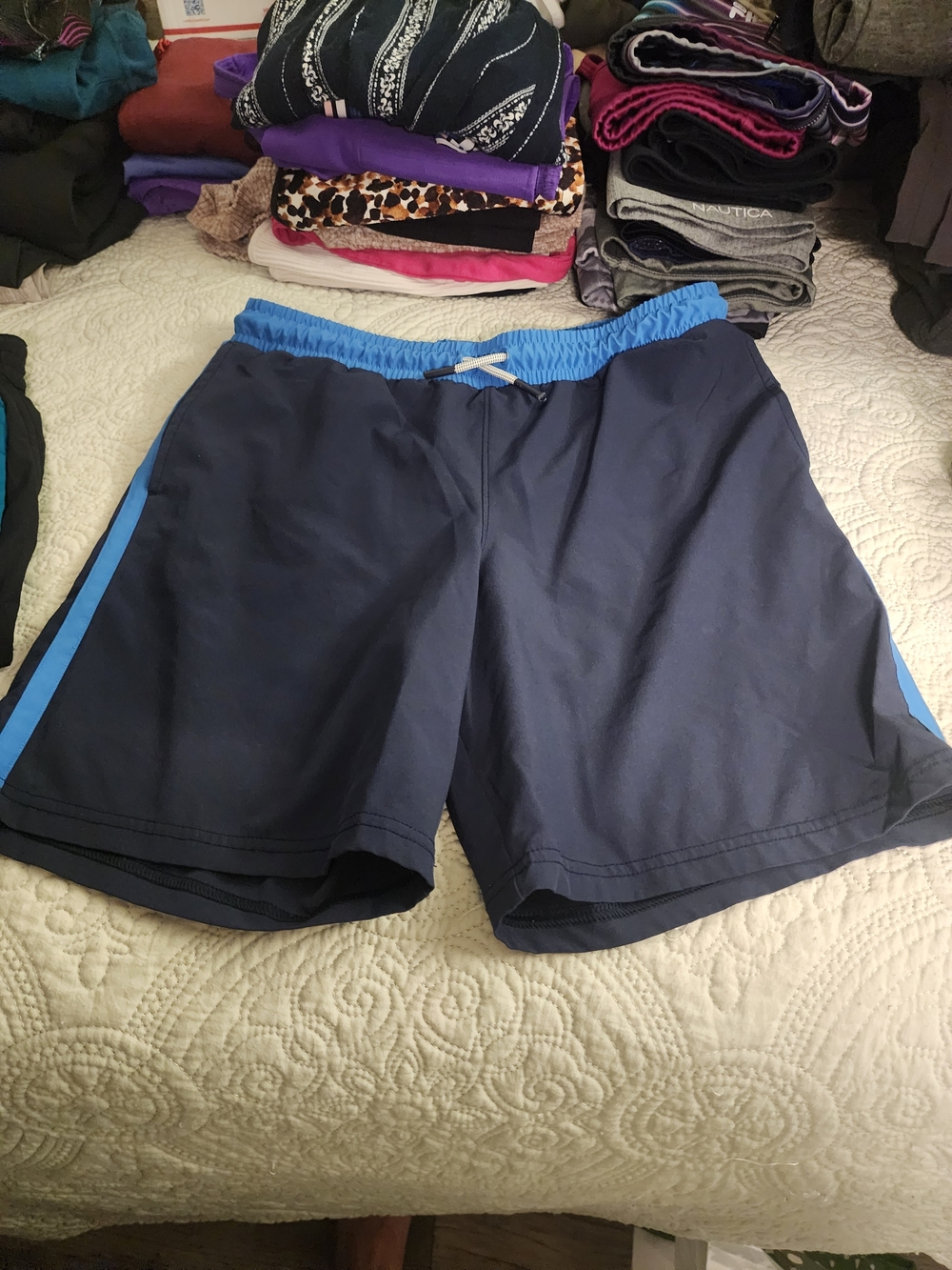 all in motion Navy Swim Trunks with Light Blue Waistband and Side Stripe